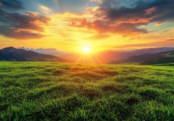 Fototapeta premium Majestic Sunset Over Rolling Hills and Verdant Grassland with Colorful Sky and Scenic Mountains in Distance Capturing the Beauty of Nature