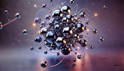 A modern abstract 3D design featuring a sleek arrangement of glowing, interconnected metallic spheres floating in a soft gradient background