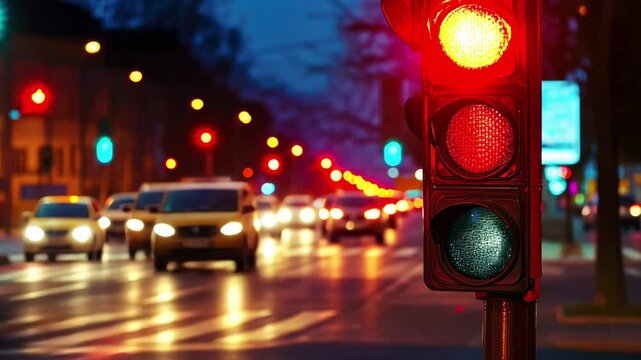 Red traffic light glows brightly at night as cars stop and wait on the busy street, At night, the red light illuminates, and cars stop automatically