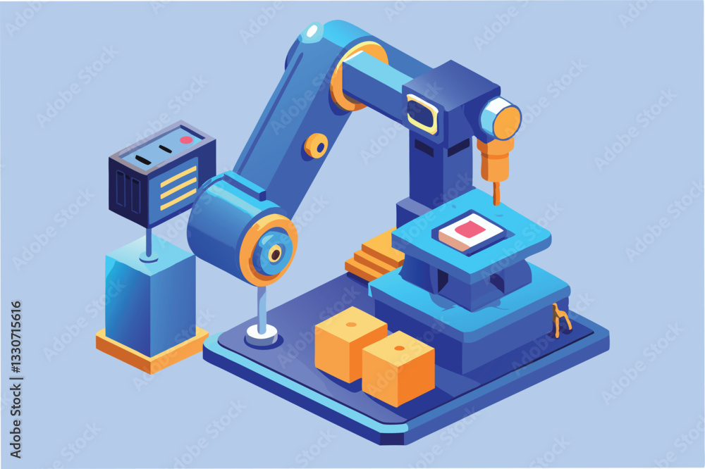 Poster vector illustration of an industrial robotic arm working on a production line in a modern factory se