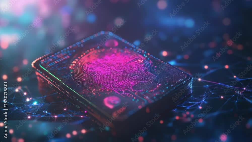 Poster complex quantum computing processing unit glows with intricate circuitry, showcasing futuristic desi