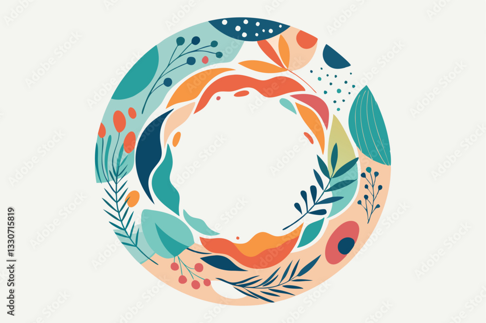 Poster colorful vector illustration of abstract floral and wavy patterns forming a circular frame for creat