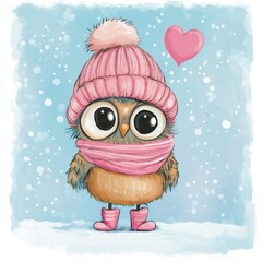 Obraz premium A cute cartoon owl wearing a pink knitted hat with a pom-pom, pink striped scarf, and pink boots, standing on a snowy, light-blue background