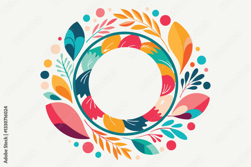 Poster colorful vector illustration of abstract floral and wavy patterns forming a circular frame for creat