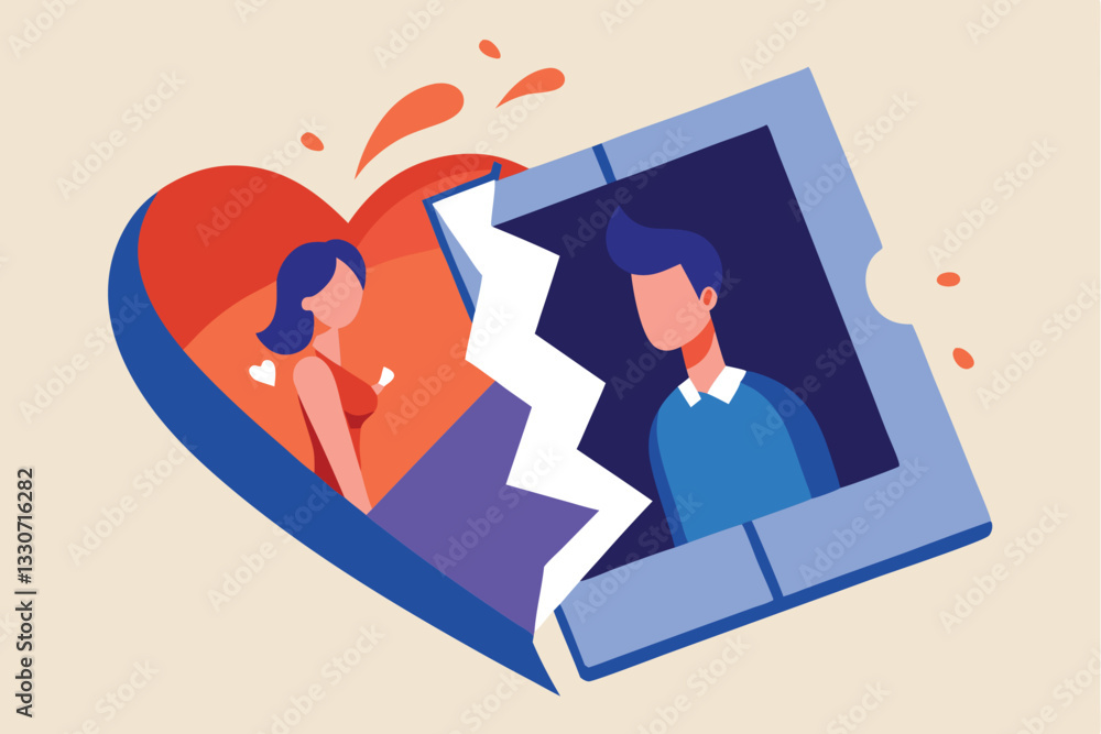 Aufkleber heartbreak illustrated in a vector graphic showing a couple separated by a torn photo, symbolizing t