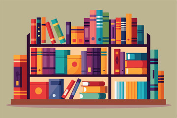 Colorful vector illustration of a bookshelf filled with various books in a warm setting suitable for educational and creative purposes