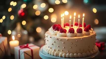 Stylish cake with candles, luxury gift boxes, Soft focus and background blurred. 