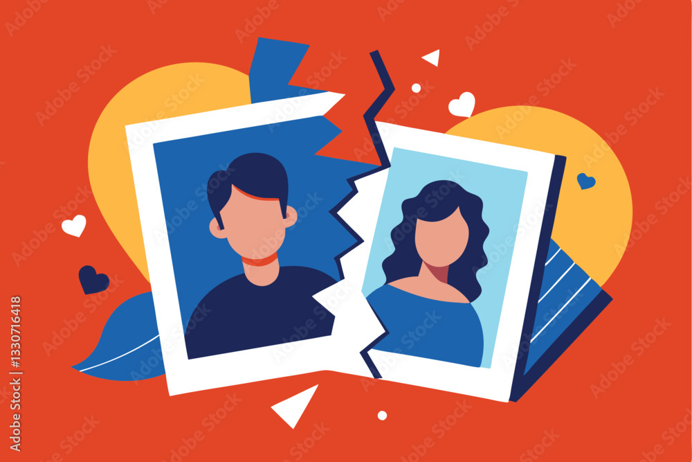 Poster heartbreak illustrated in a vector graphic showing a couple separated by a torn photo, symbolizing t