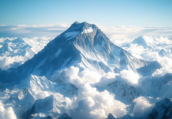 Majestic View of Snow-Capped Mountain Peak Surrounded by Soft White Clouds Under Clear Blue Sky in the Heart of the Himalayas