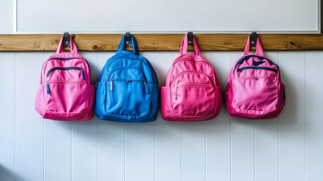 Colorful blue and pink school backpacks hanging on a wooden hanger against a white board wall, perfect for back-to-school themes, educational supplies, classroom organization, and kid-friendly storage