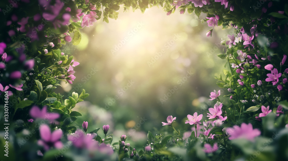 Poster sunlight filtering through purple flowers creating a natural frame in a magical forest, evoking a se