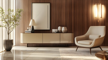 Modern Living Room Interior Design with Beige Armchair and Wooden Wall