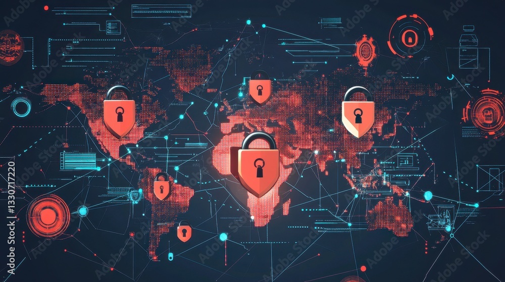 Poster global cybersecurity concept with locks and digital map visualization