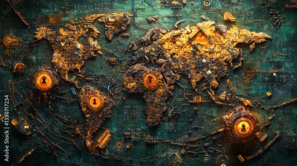 Poster intricate world map with cybernetic elements and lock icons