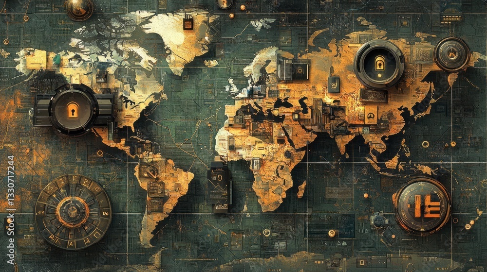 Poster abstract world map with lock symbols and technological background