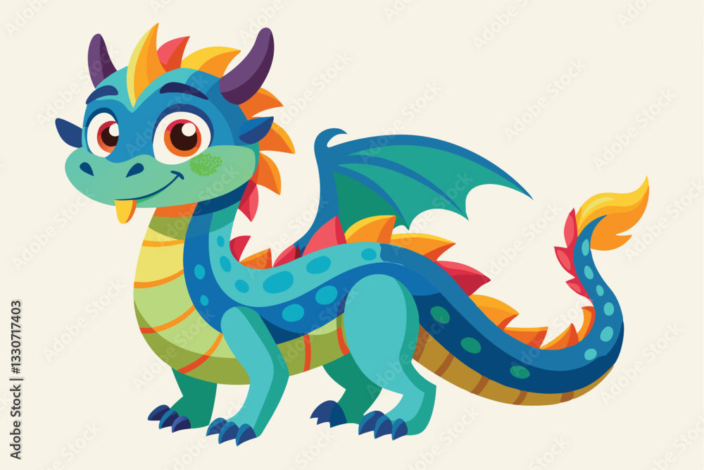 Poster colorful dragon character in a playful pose with bright scales in a whimsical style perfect for chil