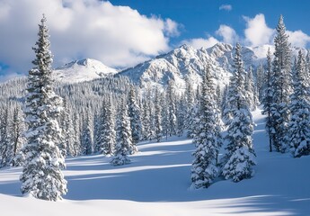 Majestic Winter Landscape with Snow-Covered Pine Trees and Rugged Mountains Under a Bright Blue Sky in a Serene Natural Setting