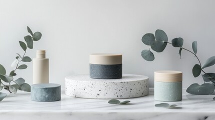 Naklejka premium Sustainable cosmetic products in biodegradable containers arranged aesthetically on a marble surface, complemented by eucalyptus leaves and a clean white background.