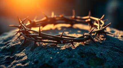 Crown of Thorns on Rock at Sunset Religious Image