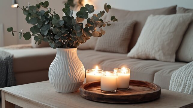 A cozy, modern living room with a beige sofa and a wooden coffee table featuring a white ceramic vase filled with eucalyptus, a rustic tray, and lit scented candles