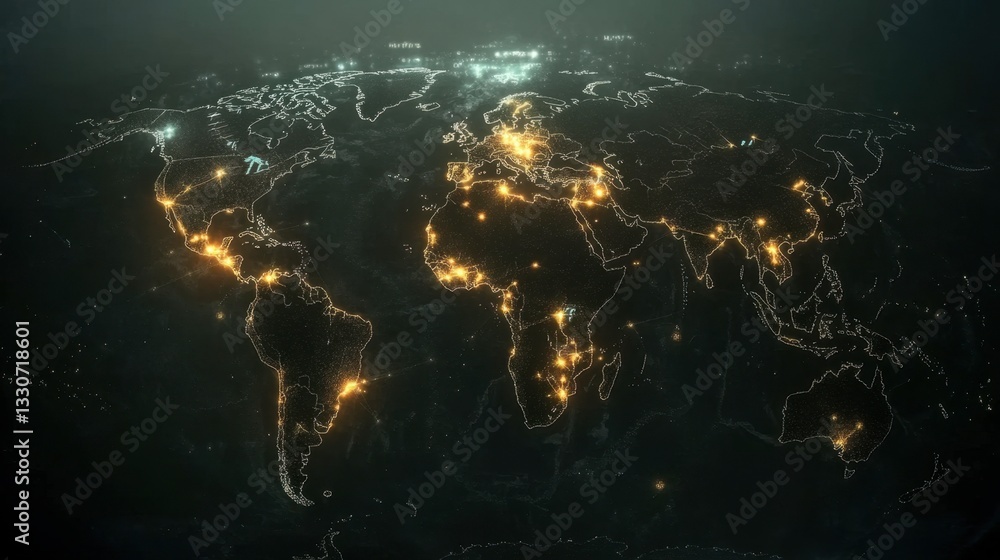 Poster detailed global map with illuminated connections and networks