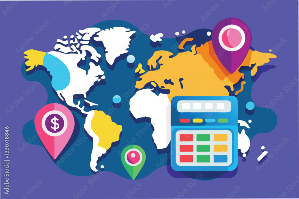 Aufkleber colorful vector illustration depicting a world map with location markers and a calculator representi