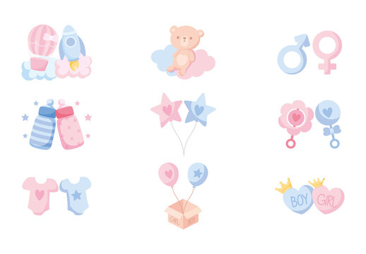 Blue and Pink Gender Reveal Celebration Icons Set