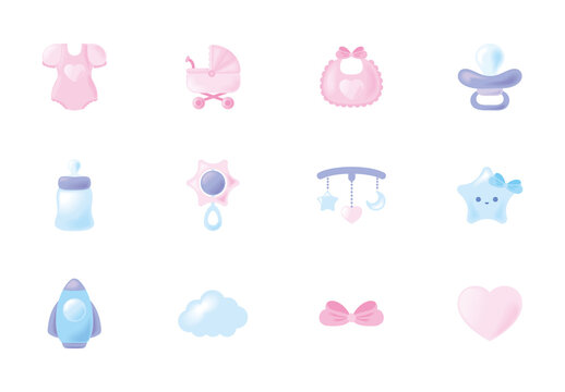 Blue and Pink Baby Shower Celebration Icons Set