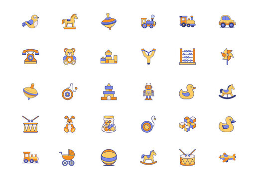 Blue and Yellow Vintage Classic Toys Icons Set
