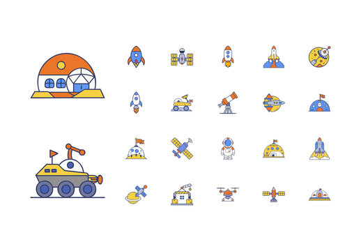 Blue and Yellow Space Missions Exploration Icons Set