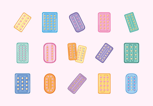 Colorful Birth Control Contraceptive Medicine Icons Set