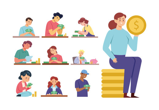 Colorful Financial Banking Money Counting Illustration Set