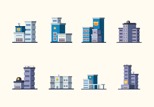 Colorful Police Stations Architecture Illustration Set