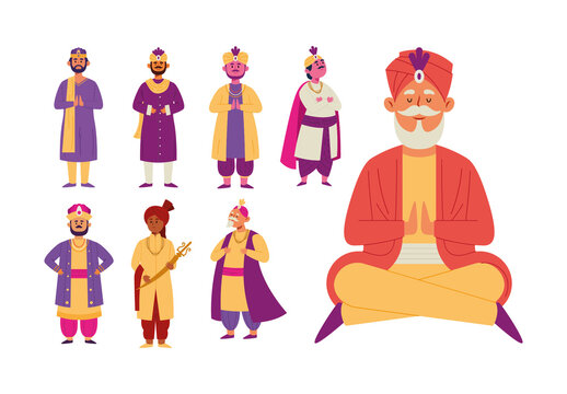 Colorful Indian King Maharaja Character Illustration Set