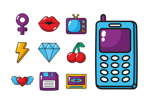 Colorful Pop Art Retro Stickers Illustration Set