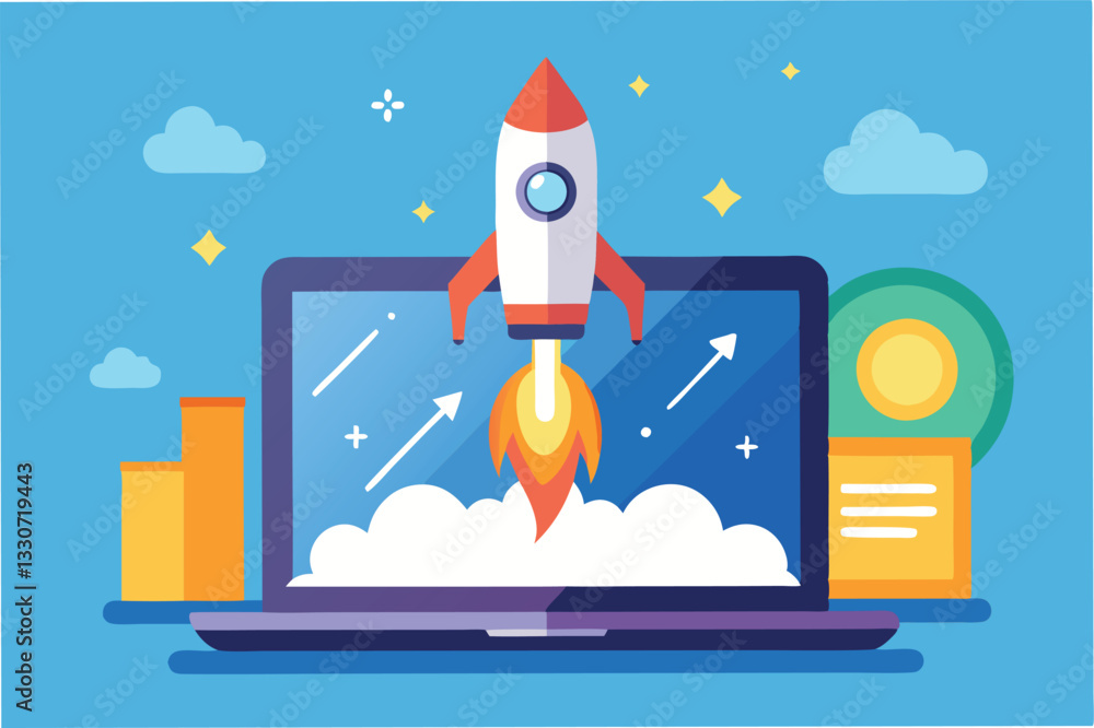 Poster digital launch with a rocket and laptop in a vibrant vector illustration showcasing innovation and c