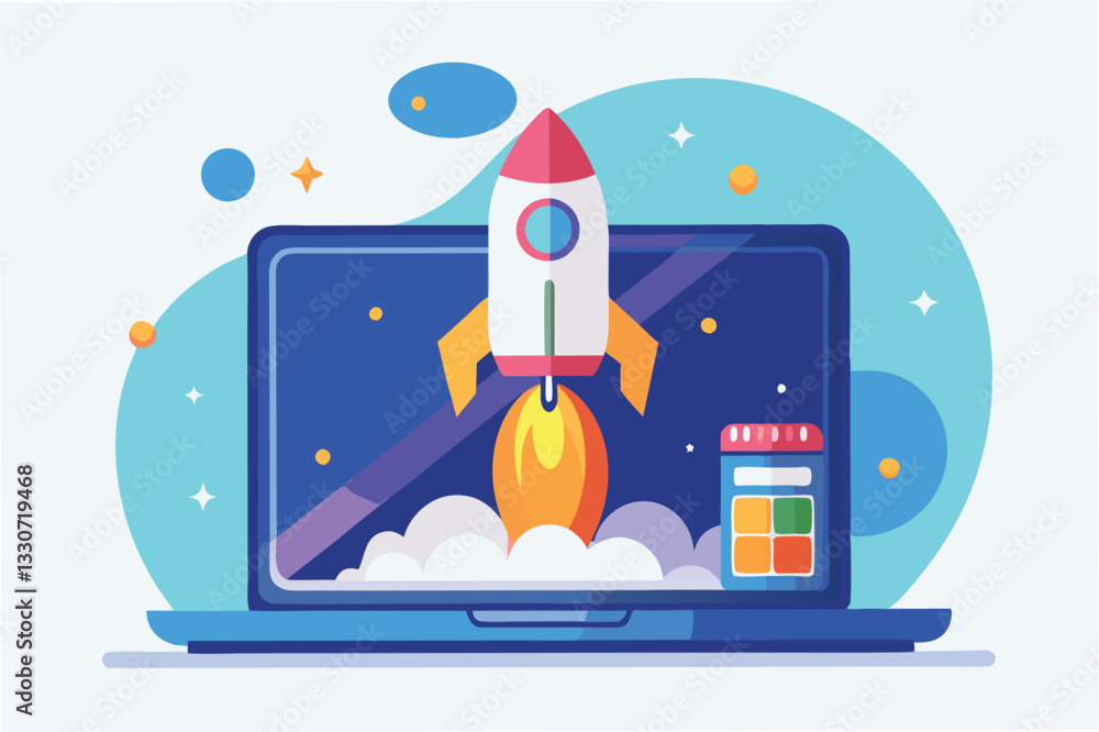 Poster digital launch with a rocket and laptop in a vibrant vector illustration showcasing innovation and c