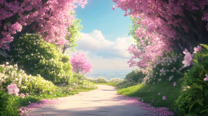 Naklejka premium Winding path through blossoming trees leading toward urban skyline during vibrant spring scenery