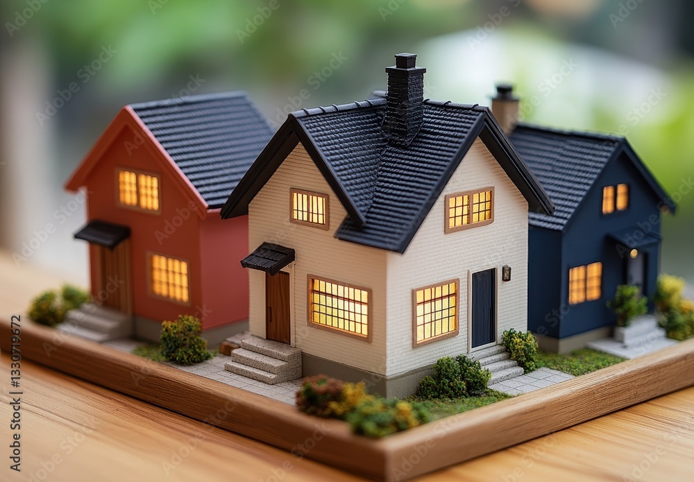 Poster miniature model of colorful houses with illuminated windows on a wooden table with a blurred natural
