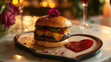 A juicy burger with spicy jalapenos and cheese, served on a romantic heart-shaped dish