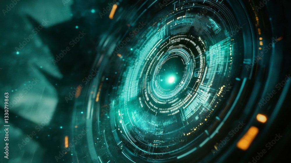 Poster sci-fi digital security concept with an abstract eye scanning digital fingerprints and codes.
