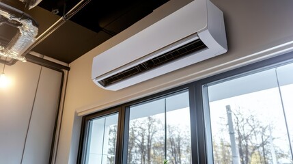 A detailed view of a stylish, ceiling-mounted air conditioner in a contemporary office, focusing on its clean lines and modern design
