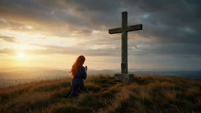 Catholic redhead woman sitting on her knees praying in front of a cross at sunset in remote rural location