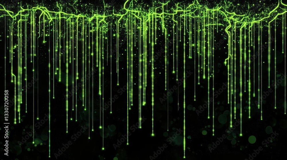 Poster sci-fi matrix-inspired wallpaper with neon green lines descending like data streams, glowing particl