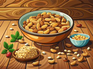 vector of  A bowl of peanuts is on a wooden table. The bowl is filled with peanuts and there are many of them scattered around the table
