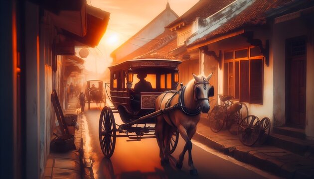 Vintage dokar horse-drawn carriage moving through a narrow street in Yogyakarta at sunset.