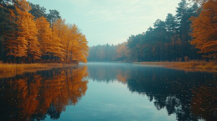 Obraz premium Serene autumn lake reflecting golden trees in a misty forest.
