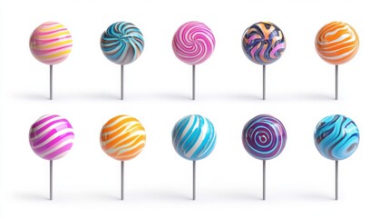 Set of vibrant multicolored striped lollipops on sticks, glossy candy icons in a playful 3D vector style, isolated on white. 
