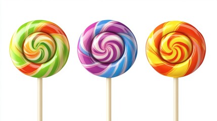 Sweet and colorful round lollipops with twisted rainbow stripes, glossy candy designs in a modern 3D vector style, isolated on white background. 