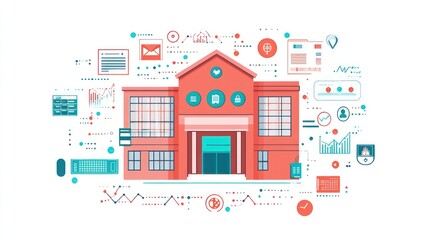 A flat vector illustration of a modern bank building in coral, surrounded by icons representing digital payments, savings accounts, and graphs tracking financial growth
